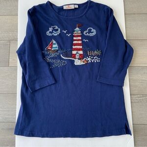 Quacker Factory 3/4 sleeve Nautical Sequin & Beaded Lighthouse Top - S Small EUC
